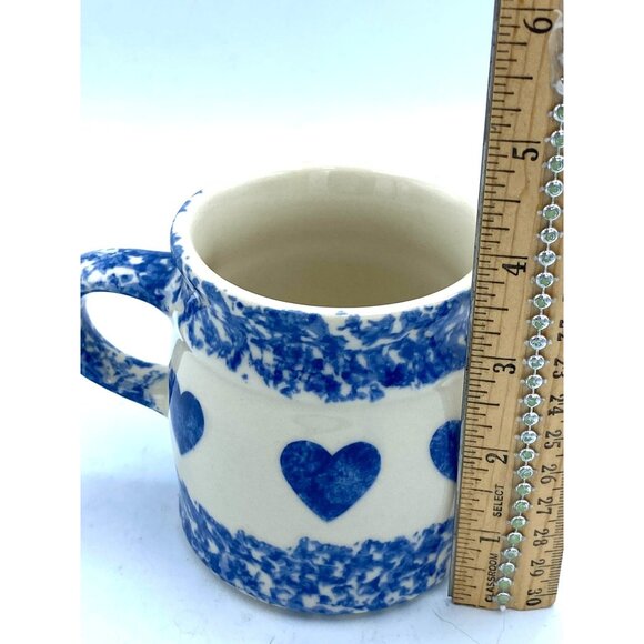 Roseville Ohio Blue and White Spongeware Hearts Pottery Coffee Mug - Picture 2 of 3